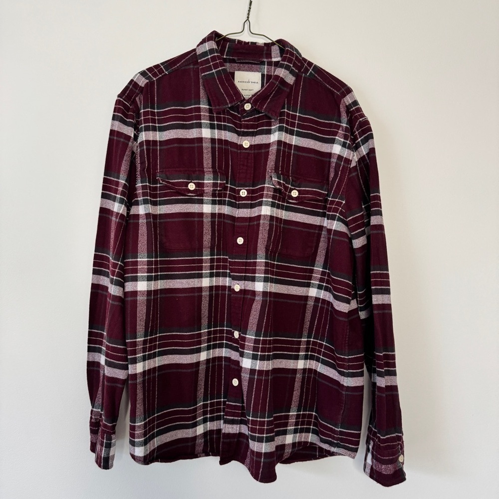 American Eagle Flannel Shirt Super Soft Red White Plaid Button Down Collar Sz XL